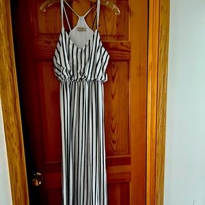 Blue and white striped knit maxi maternity dress, ankle length